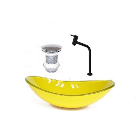 CUBA DE VIDRO OVAL 47CM AMARELA + VALVULA + TORNEIRA PRETA