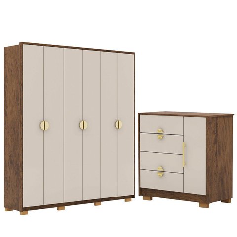 Guarda-roupa 6 Portas 100% Mdf e Cômoda Sapateira 4 Gavetas Spain Imbuia Fendi