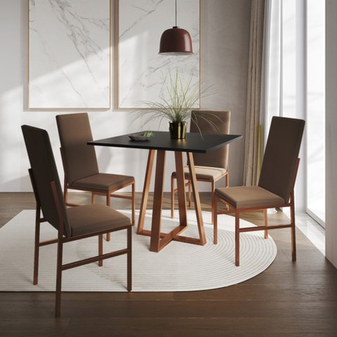 Conjunto de Jantar Mesa Mônaco Premium 90cm Preta com 4 Cadeiras Estofadas Marrom Base Cobre