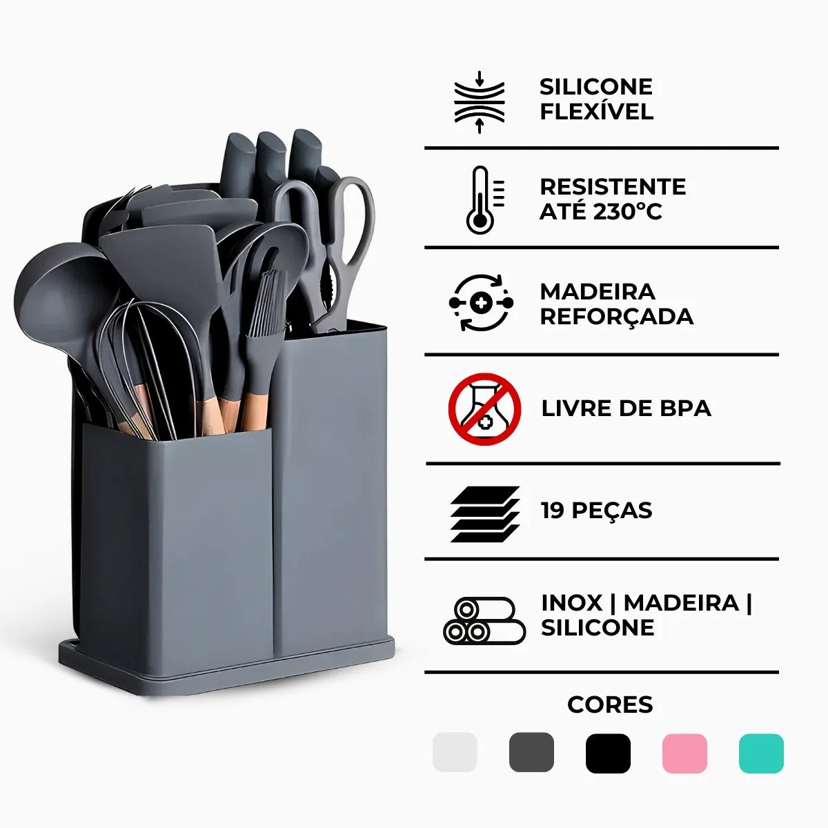 Kit Utensílios de Cozinha Jogo Completo 19 Peças Faqueiro Jogo Silicone Cor:cinza - 9