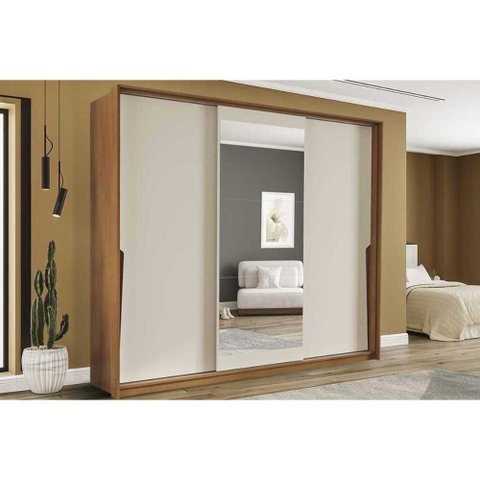 Guarda Roupa 3 Portas de Correr (1 C/ Espelho) e 4 Gavetas Porto Freijo/creme - Politorno