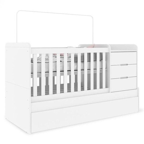 Quarto Infantil 4 Portas Americano com Berço Multifuncional Cleo Branco Fosco com Colchão Ortobom