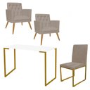 Ver imagem 1 de Kit Escritório Stan 2 Poltronas Maria e Cadeira e Mesa Industrial Branco Dourado Suede Bege -