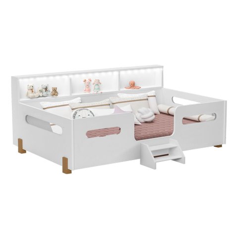 Cama Juvenil Mary com Escada LED e Nicho com Lousa Mágica - Branco/Mel