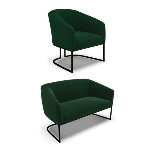 Sofá Namoradeira e Poltrona Industrial Preto Stella Bouclê Verde D03 - D'Rossi