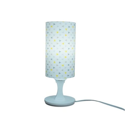 Abajur Cilíndrico Base Branca e Cúpula Tecido Triângulos Cinza e Amarelo Bivolt