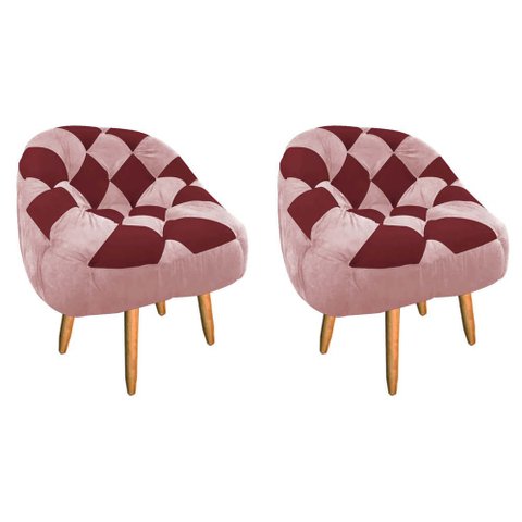 Kit 02 Poltrona Paloma Escritório Sala Pé Palito Suede Rosa Bebê e Suede Vinho - Dominic Decor