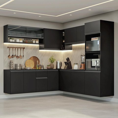 Armário de Cozinha Completa de Canto 445 Cm Suspenso Preto Nice Madesa 04