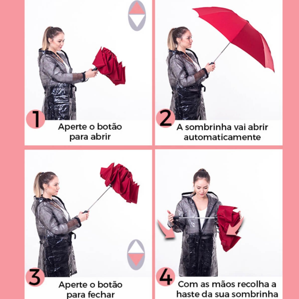 Sombrinha Invertida Automática Fazzoletti Vermelha Guarda Chuva de Bolsa Ao Contrário - 5