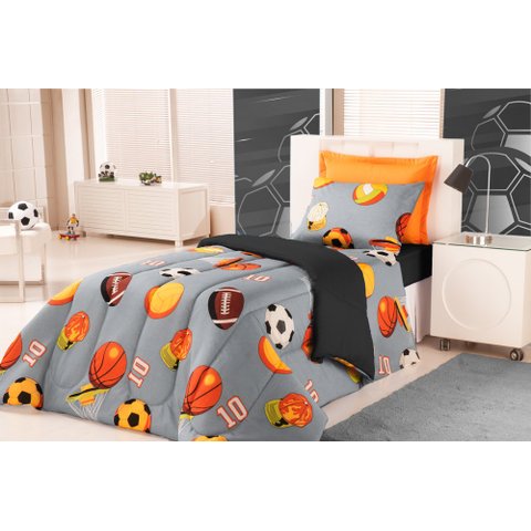 EDREDOM ESTAMPADO INFANTIL KIDS SOLTEIRO 01 PEÇA - FUTEBOL CINZA Enxovais Aquarela