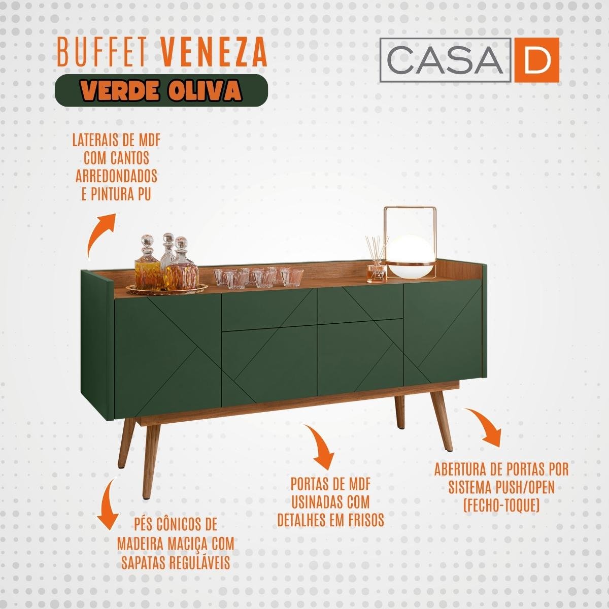 Buffet Aparador Sala Estar Veneza 4 Portas Cedro/Verde Oliva - 8