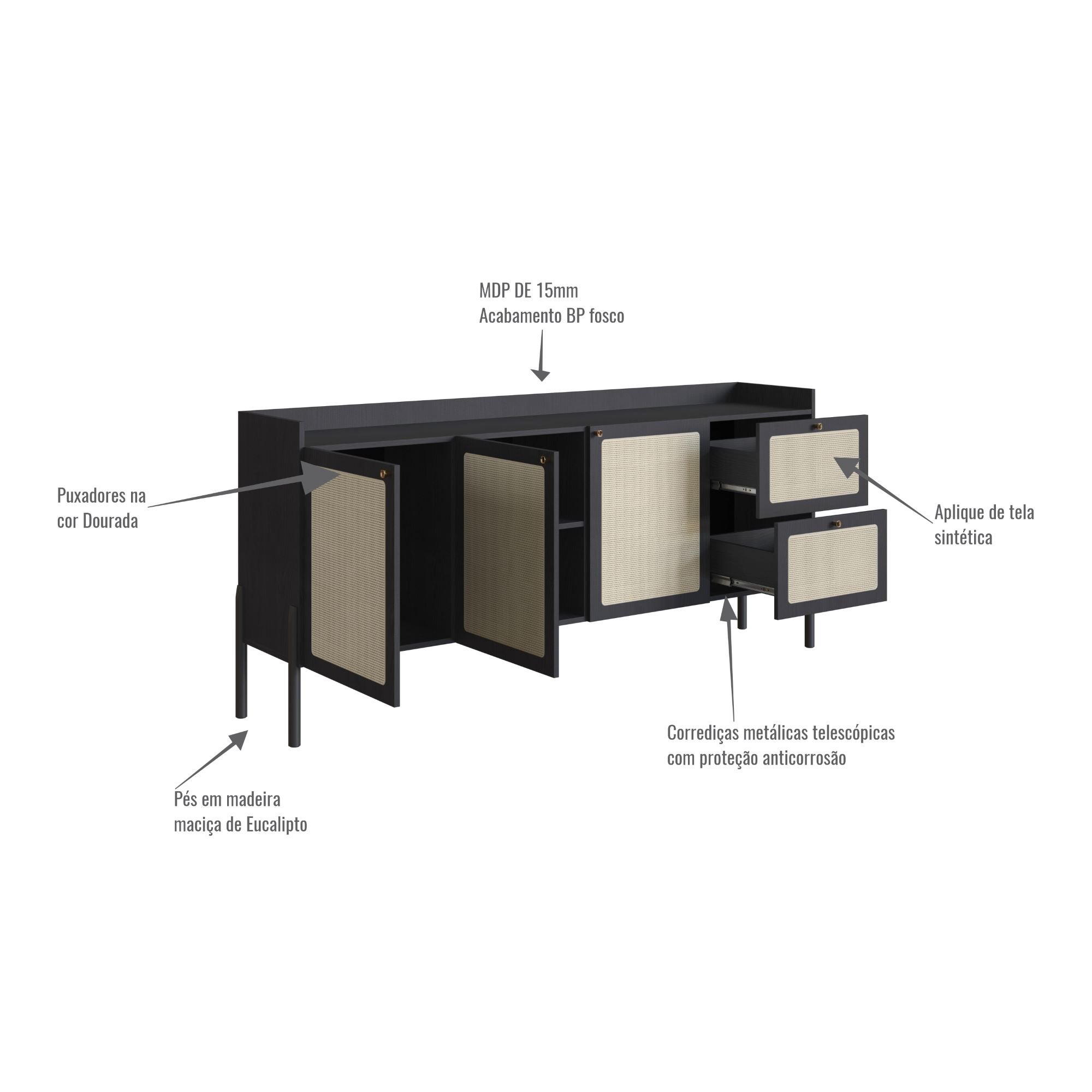 Balcão Buffet 3 Portas 2 Gavetas Palhinha Pé Madeira 27935 Oslo Artesano - Nero/preto - 5
