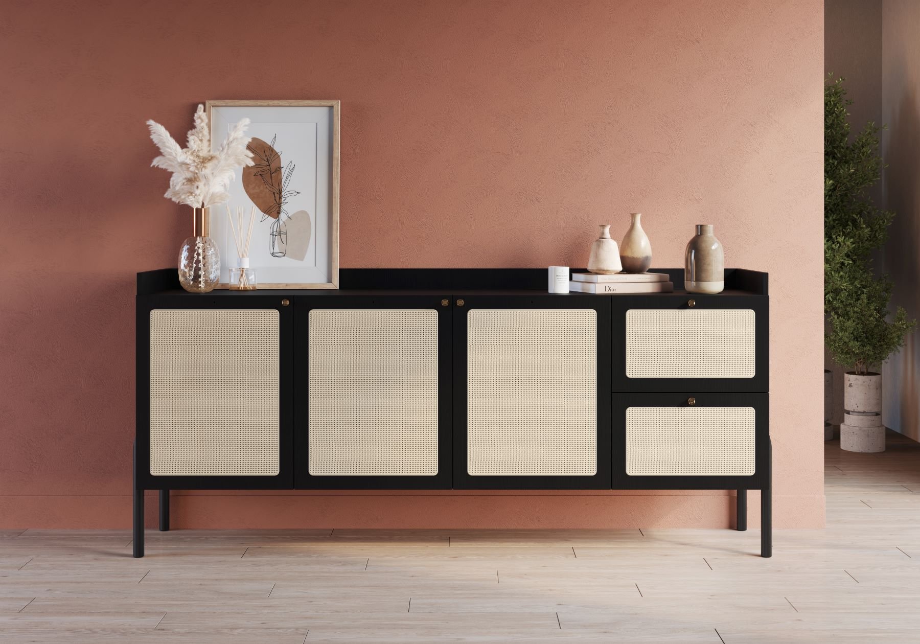 Balcão Buffet 3 Portas 2 Gavetas Palhinha Pé Madeira 27935 Oslo Artesano - Nero/preto - 7