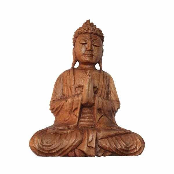 Estátua de Buda Sidarta de Madeira Suar Mudra Oração 25cm - 1