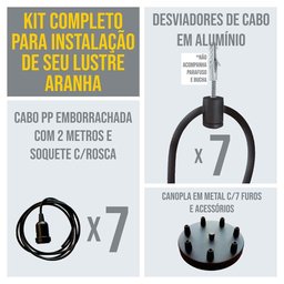 Lustre Aranha com 7 Pendentes (2m Cabo Preto+ Soquetes + Canopla) - 2