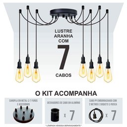 Lustre Aranha com 7 Pendentes (2m Cabo Preto+ Soquetes + Canopla) - 4