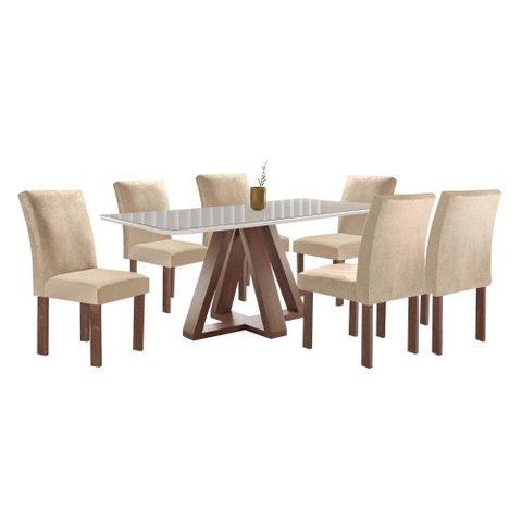 Mesa Kyra 170CMX90CM 6 Cadeiras Canela Tampo Smart Plus Vidro Off White