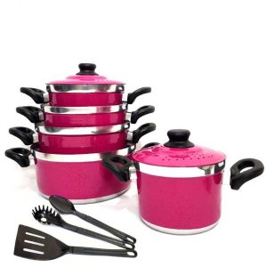 Jogo de Panela 5 Pçs Alumínio Reforçado Rosa Espátulas de Brinde