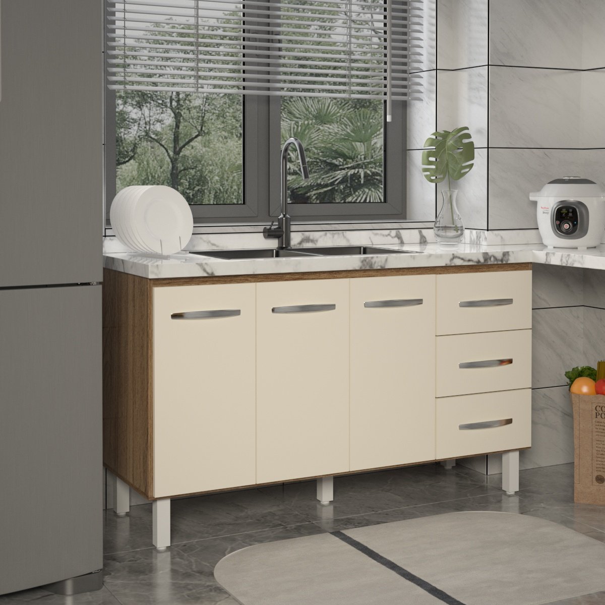 Balcão Armário Cozinha Gabinete Pia de 140 Cm Carine com 3 Portas e 3 Gavetas Savana Off White - 2