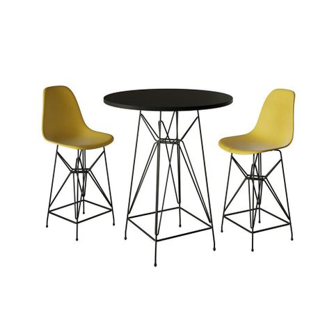 Jogo Mesa Bistrô Eames Preta 60Cm 2 Banquetas Amarela Base Ferro Preto - Cor: Preto