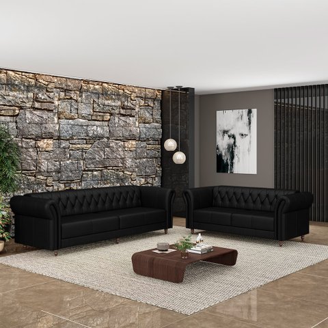 Conjunto de Sofá Sala de Estar Stanford Chesterfield 2 e 3 Lugares 180cm/260cm Pés Madeira Couro Pre