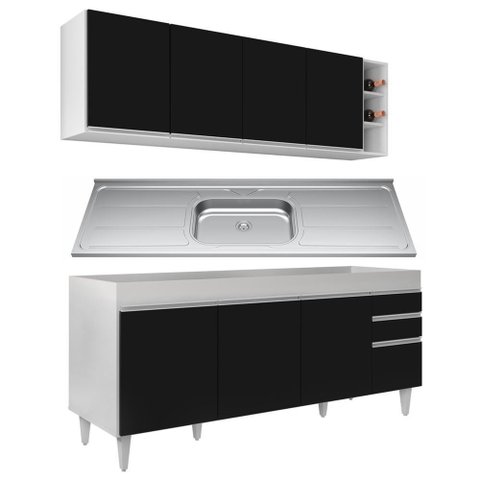 Armário Aéreo Nevada e Balcão Gabinete 180cm com Pia Dallas Branco-preto - Lumil