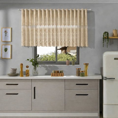 Cortina Bando Renda Cozinha Classica Arabesco 2,20x0,80 - Bege