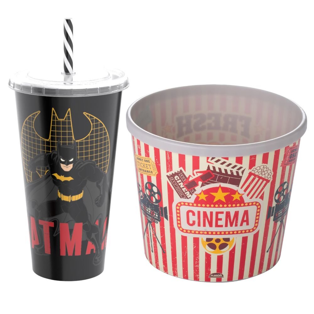 Kit Cinema Balde de Pipoca + Copo com Canudo Batman 700ml | MadeiraMadeira