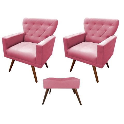 Kit 2 Poltronas Decorativa Aurora + 1 Puff Retangular Suede Rosa Pés Madeira Ms Decor