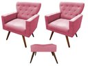 Ver imagem 1 de Kit 2 Poltronas Decorativa Aurora + 1 Puff Retangular Suede Rosa Pés Madeira Ms Decor