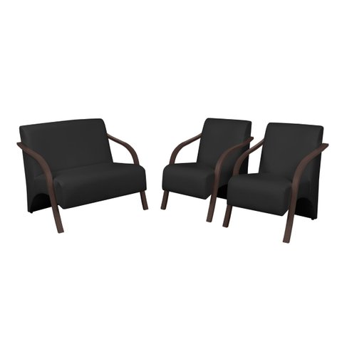 Conjunto Vênus Braço Madeira 1 Namoradeira 2 Poltronas D Salla Tecido Sintético (courino) Preto