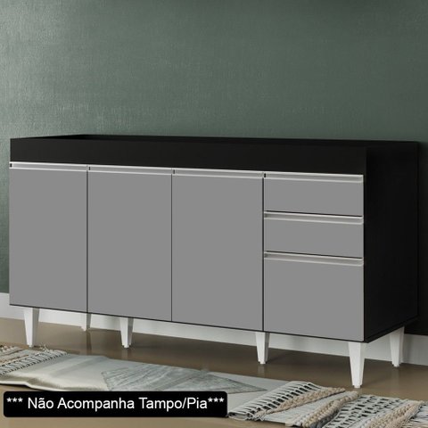Balcão Gabinete Para Pia 150cm sem Tampo 4 Portas 2 Gavetas Marrocos Preto/Cinza - Lumil
