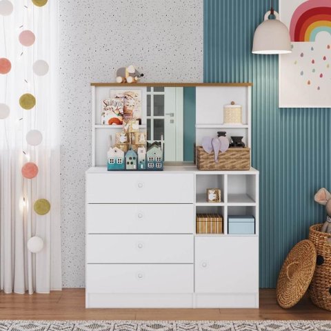 Cômoda Infantil 4 Gavetas 89cm com Porta Espelho e Nichos Cor:branco