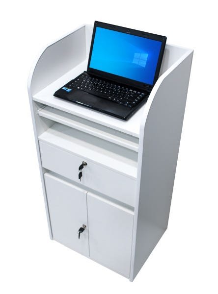 Balcão de Loja para Notebook Branco com armário, gaveta e prateleira para teclado: branco