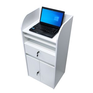 Balcão de Loja para Notebook Branco com armário, gaveta e prateleira para teclado: branco
