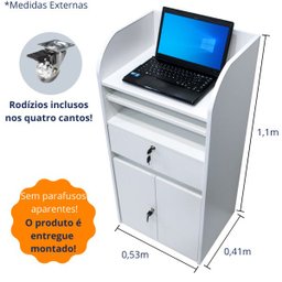 Balcão de Loja para Notebook Branco com armário, gaveta e prateleira para teclado: branco - 4