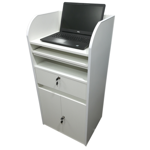 Balcão de Loja para Notebook Branco com Armário, Gaveta e Prateleira para Teclado: Branco