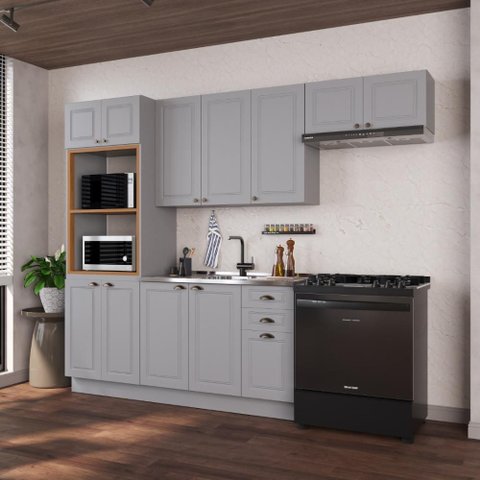 Armário de Cozinha Modulada Compacta Fidelitá Nara 100% MDF 4 Peças 270cm 12 Portas 2 Gavetas sem