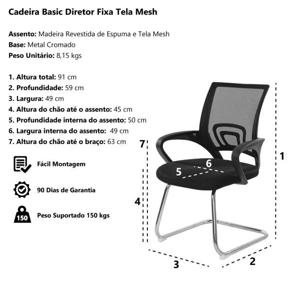 Cadeira de Escritório Basic Diretor Fixa Tela Mesh Preta Base Cromada - 5