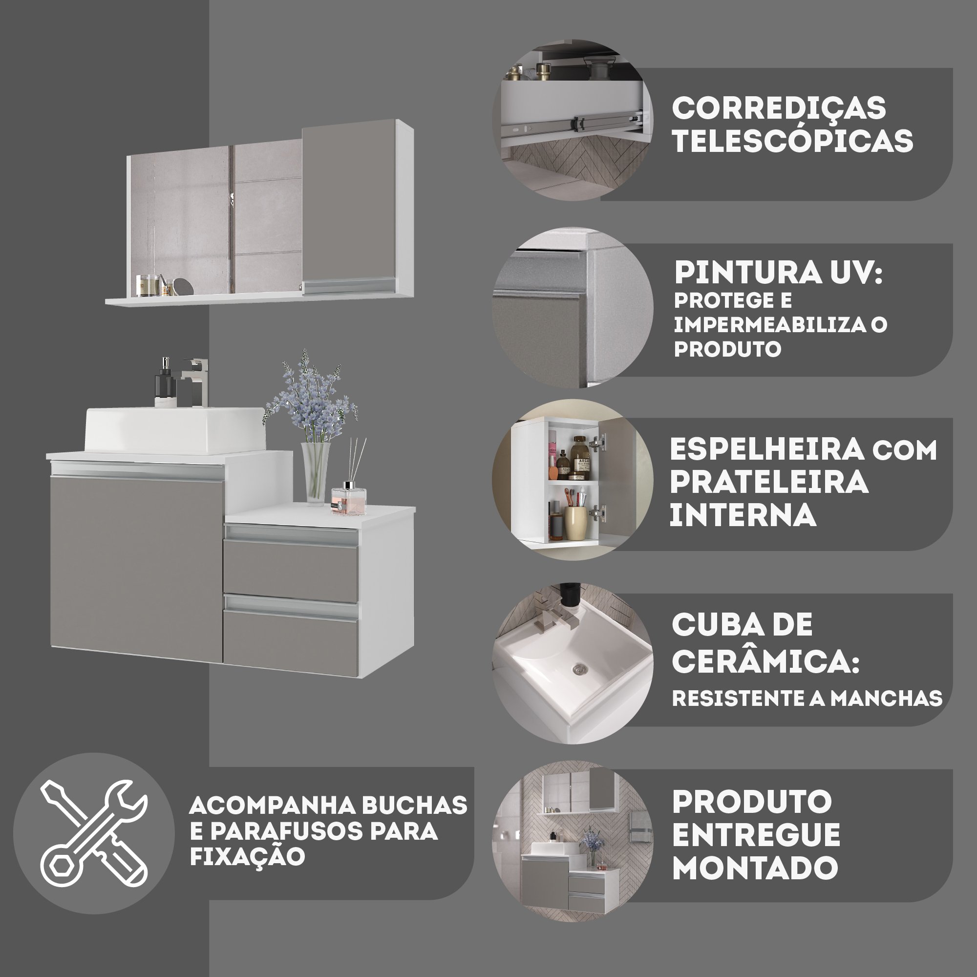 Kit Gabinete Banheiro Completo com Armário Cuba Espelheira Cross 80cm - 5