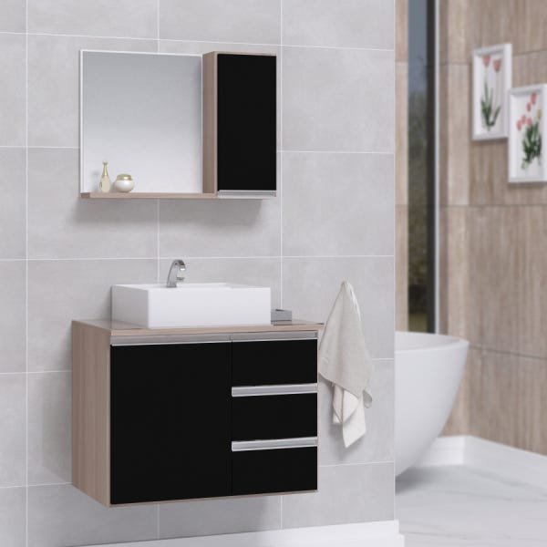Conjunto Gabinete Banheiro Completo Prisma 60cm - Madeirado/Preto