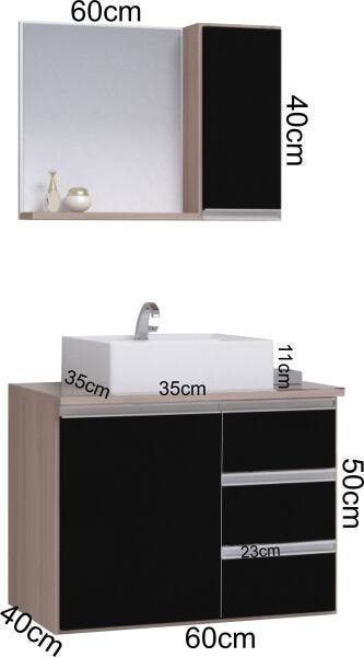Conjunto Gabinete Banheiro Completo Prisma 60cm - Madeirado/Preto - 2