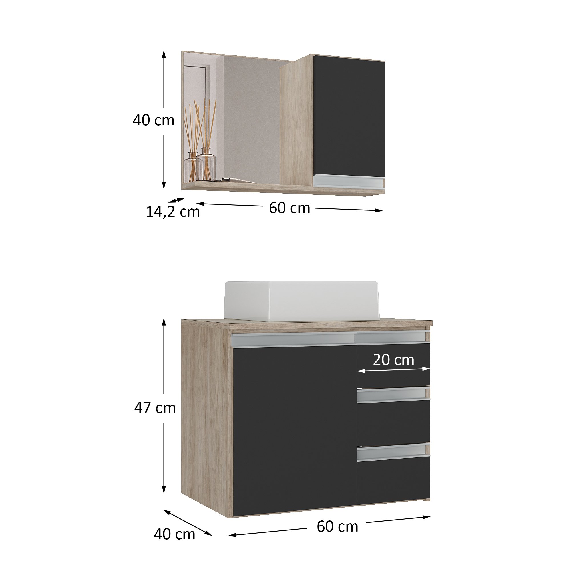 Conjunto Gabinete Banheiro Completo Prisma 60cm - Madeirado/preto - 7