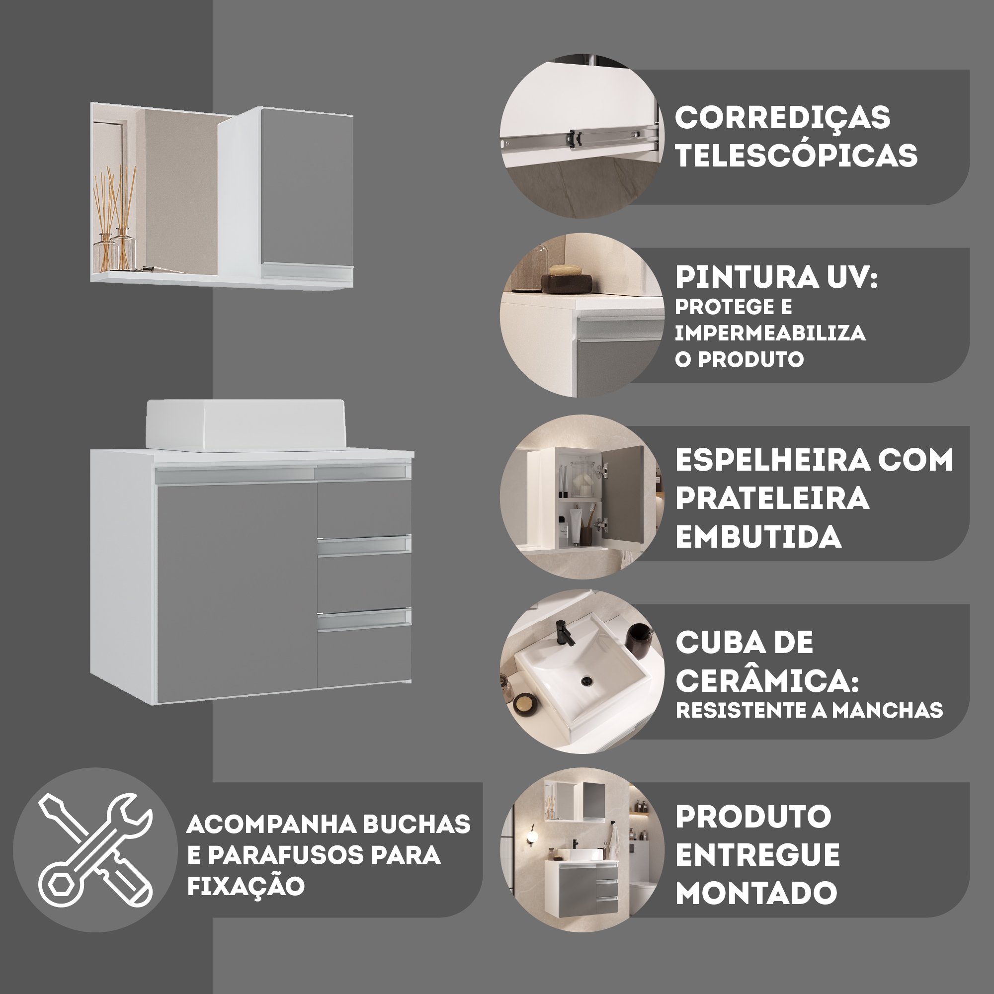 Conjunto Gabinete Banheiro Completo Prisma 60cm - Branco / Cinza - 4