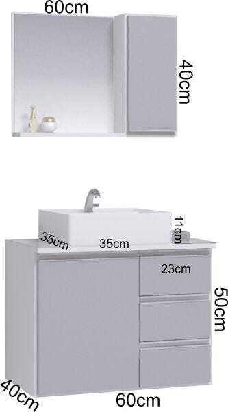 Conjunto Gabinete Banheiro Completo Prisma 60cm - Branco / Cinza - 2