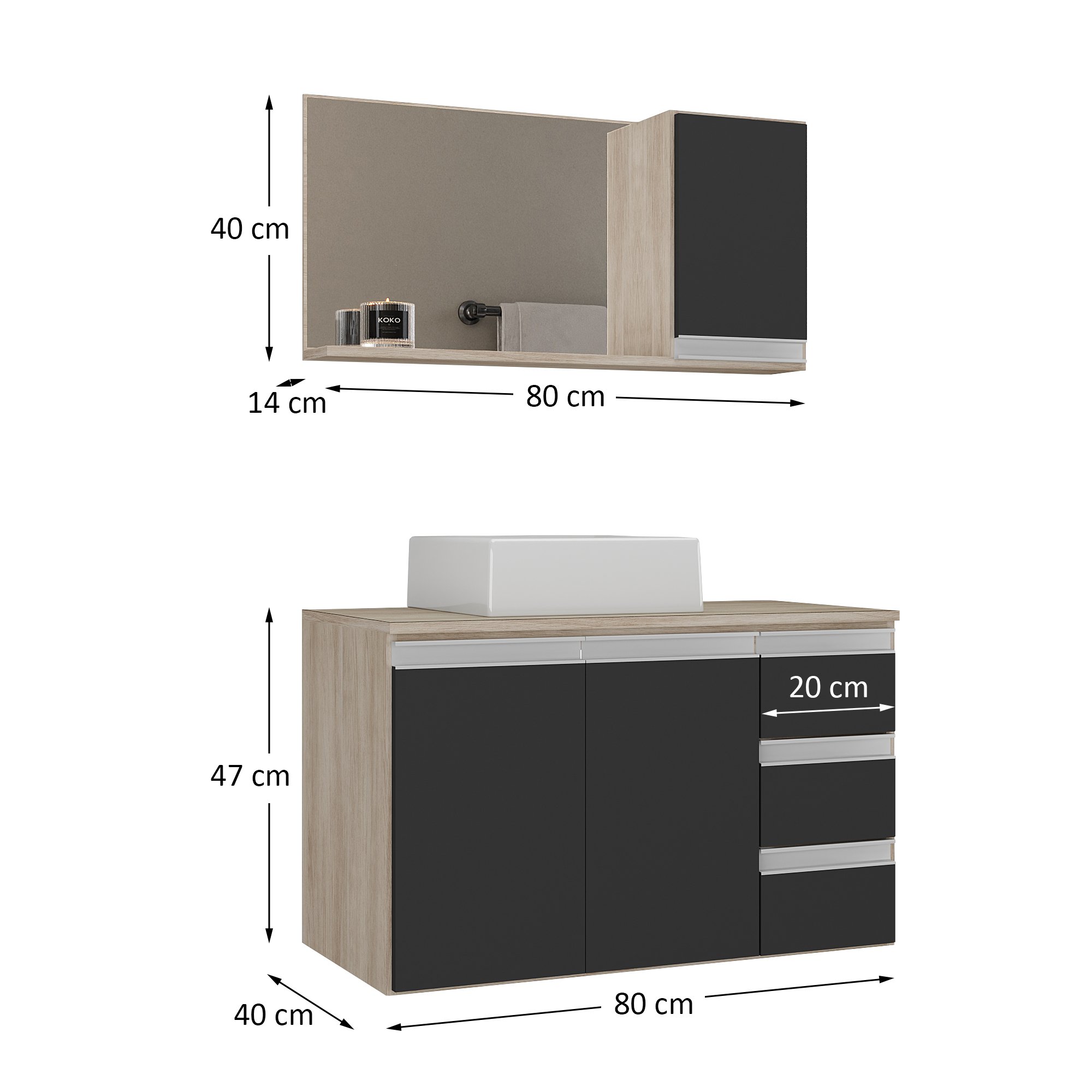 Conjunto Gabinete Banheiro Completo Prisma 80cm - 4