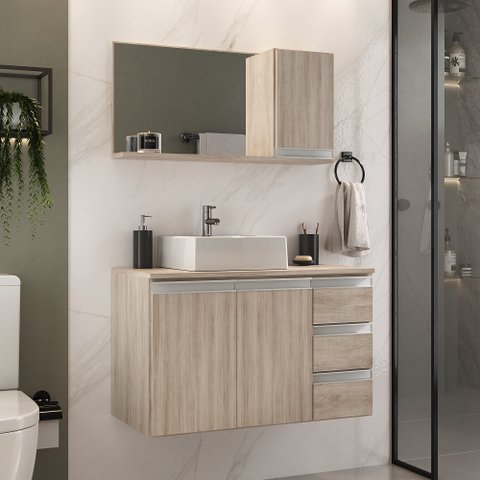 Conjunto Gabinete Banheiro Completo Prisma 80cm
