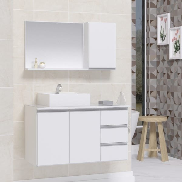 Conjunto Gabinete Banheiro Completo Prisma 80cm Branco Inteiro - 1