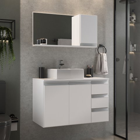 Conjunto Gabinete Banheiro Completo Prisma 80cm Branco Inteiro
