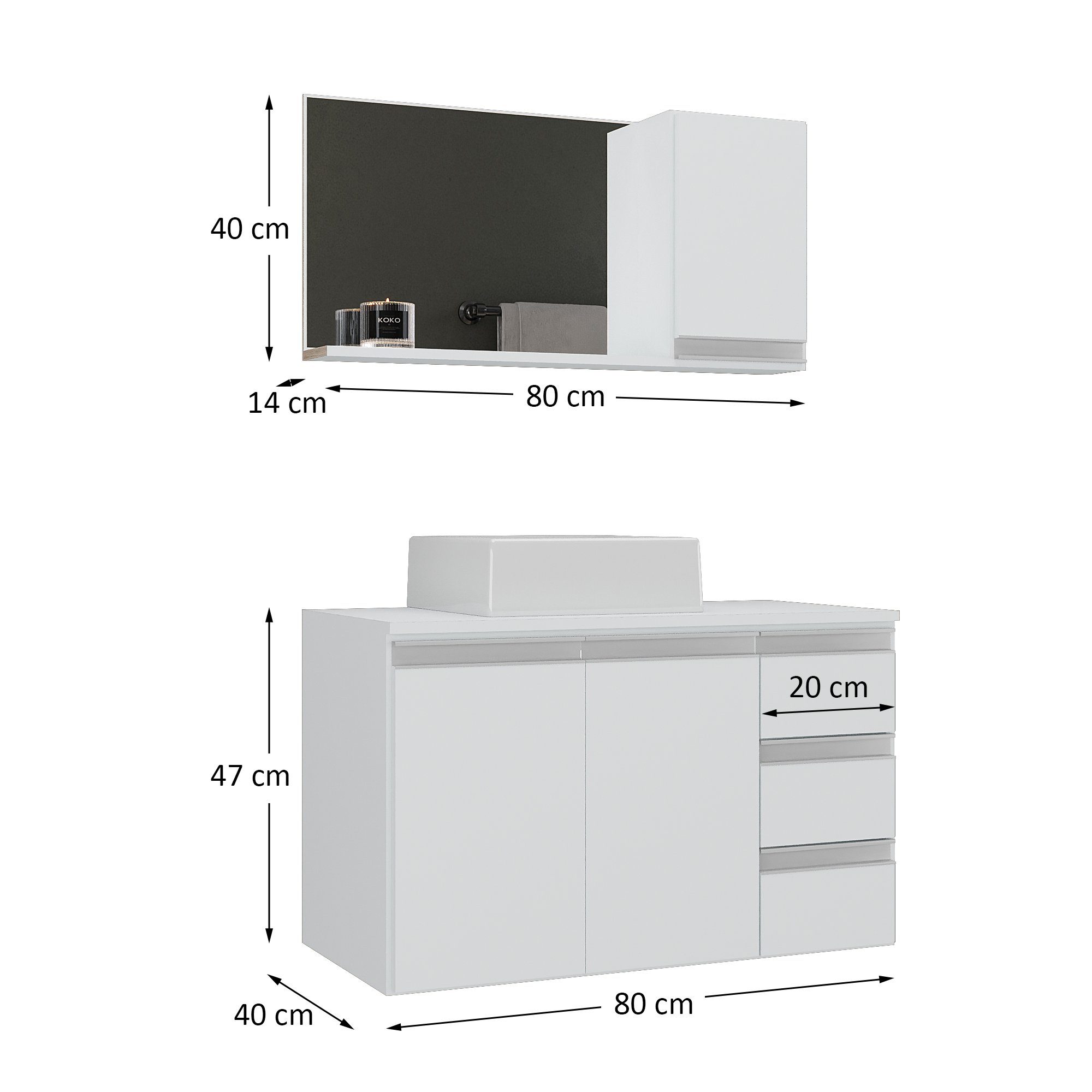 Conjunto Gabinete Banheiro Completo Prisma 80cm Branco Inteiro - 6